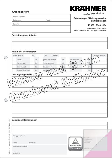 Formular von KRÄHMER für Technische Beschreibungen und Aufträge.
